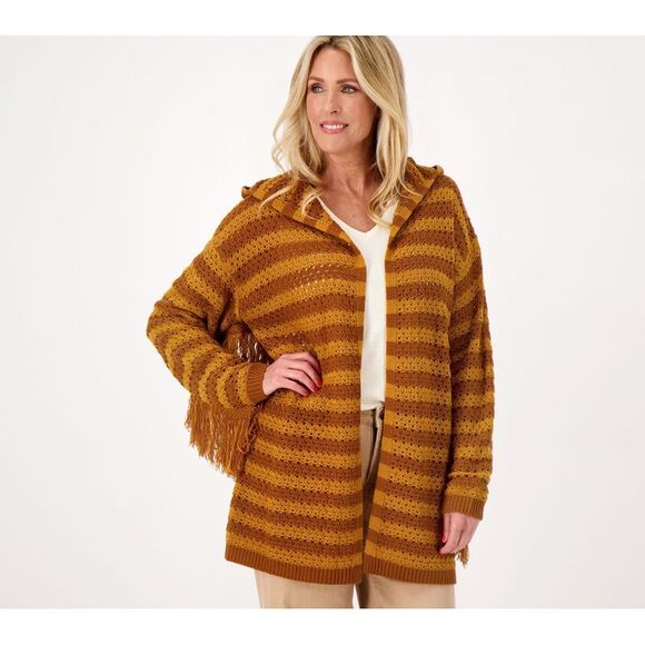 Women with Control Women's Top Sweater Sz L Striped Cardigan wHood Brown A606207 - Picture 1 of 4